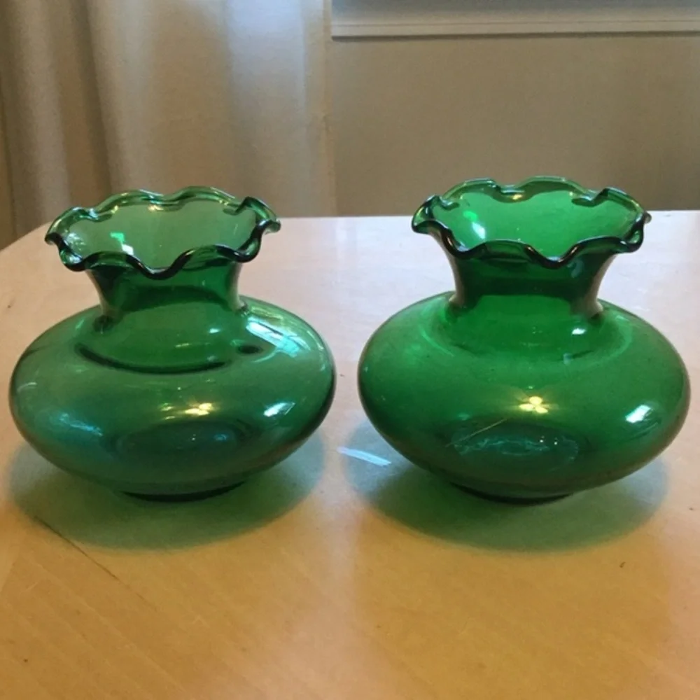 Vintage Green Glass Vases Ruffled Top Set of 2